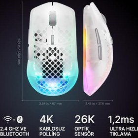 Resim SteelSeries Aerox 3 Wireless Gen 2 - Ghost 4K Kablosuz Gaming Mouse 