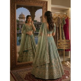 Resim Aashiv's Collection Gelinlik Hint Lehenga Choli Takımı Mavi Işlemeli 