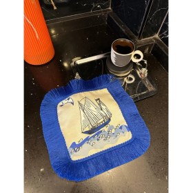 Resim Karam Home Deniz Temalı Baskılı Püsküllü Sunum & Kokteyl Peçetesi – 4 Kenar Lacivert Püskül 