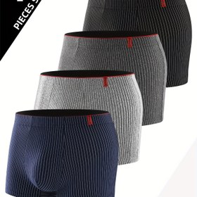 Resim 4 Paket Erkek Çizgili Boxer Şortları, Yüksek Esneklikli Nefes Alabilen Polyester Örgü Kumaş, 92% Polyester ve 8% Spandex İçerikli Rahat Kısa Şort İç Çamaşırı, 125g/m² Hafif Konforlu Fit 