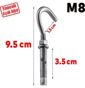 Resim Nzb Kancalı Çelik Dübel M8 (5 Adet) Salıncak Boks Torbası Avize Için Gömlekli Açık Ağız Kanca 