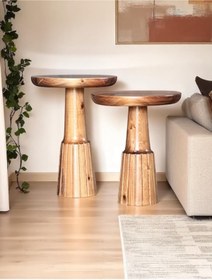 Resim AYLESA Doğal Ahşap 2’li Set Mantar Yan Sehpa Modern Fiskos Zigon Çiçeklik 