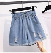 Resim Artı Boyutu Delik Denim Kot Kadın Yaz Trendy Ince Rahat Bayan Yüksek Bel Sıkma Şort Pantolon Açık Mavi 