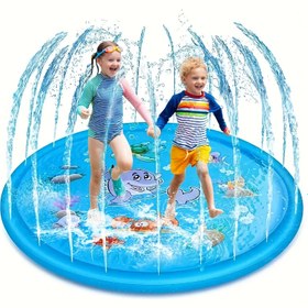 Resim 100cm / 170cm Ekstra Büyük Lüks Açık Oyuncak - Su Püskürtücülü Taşınabilir Yüzme Havuzu, Hayvan Öğrenme Matı, Canlı Gökkuşağı PVC Malzeme, Mavi Renk, Gençler için İdeal Yaz Bahçe Oyunu 