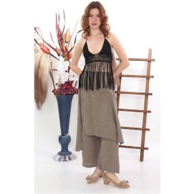 Resim Bohem Stil İtalyan Ham Keten Pantolon Etek-8747 Vizon 