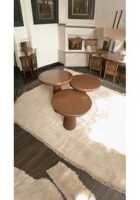 Resim Wood Wooden Ahşap Kahverengi Renk 3 Lü Set Mantar Yan Sehpa Fiskos Çiçeklik Decorative Kahverengi 