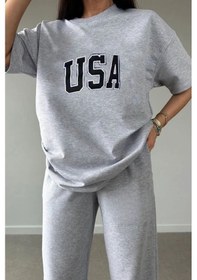 Resim Usa T-shirt Eşofman Altı Jogger- Gri Baskılı Alt Üst Eşofman Takım Oversize Bisiklet Yaka Gri 