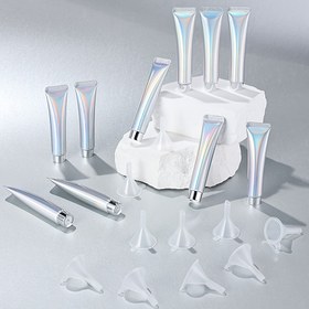 Resim 10 adet 20ml Gümüş Iridiscent Boş Alüminyum Sıkıştırma Tüpleri - 10 Huni ile Dolanabilir Kozmetik Kapları Serumlarda, Losyonlarda, Moda, Seyahat Dostu ve Tekrar Kullanılabilir DIY Cilt Bakımı ve Güzellik Depolama için 