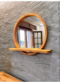 Resim 80x80 Cm Raflı Masif Kayın Ağacı Yuvarlak Ayna İskandinav Tarzı Antre Ve Banyo Aynası Kayın Ahşap 