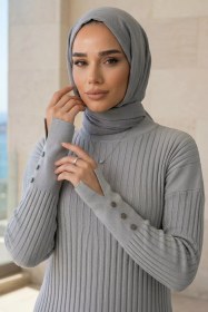 Resim Gülseli Bisiklet Yaka Tesettür Triko Tunik Gri TZL-P-00020375 