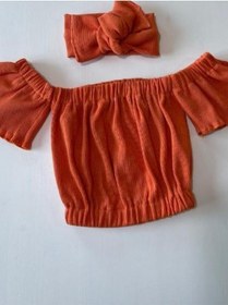 Resim Özge Başaran Kız Çocuk, Likralı Deri Fiyonk Detaylı Pantolon, Turuncu Straplez Crop Bluz Ve Saç Turuncu 