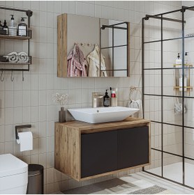 Resim ROOMART Tm7.2 Ahşap-antrasit Mdf 85 Cm Banyo Dolabı + Aynalı Banyo Üst Dolabı 