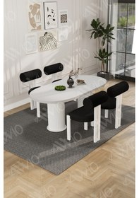 Resim Avvio Lora Serisi Bohem Ayak 4'lü Metal Pofi Demonte Sandalye 80x140 Masa Sandalye Takımı Beyaz Masa Sandalye Beyaz Kumaş Siyah 