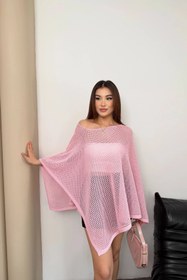Resim Lusin Kadın Şeker Pembe Kayık Madonna Yaka Panço Görünümlü Şık Oversize Yazlık Mevsimlik File Bluz 