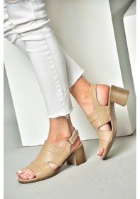 Resim Fox Shoes P555452303 Vizon Hakiki Deri Kalın Topuklu Kadın Sandalet Vizon 