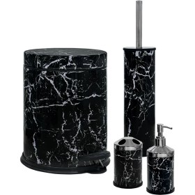 Resim Siliwax Siyah Mermer-4 Lü Set Pedallı Çöp Kovası Wc Klozet Fırça Sabunluk Diş Fırçalık Seti 