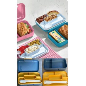 Resim Mavi Katlı Bölmeli Kilitli Saklama Kutusu ve Kaşık Seti, Okul ve Ev Için Uygun 