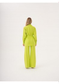 Resim Kuşaklı Düz Form Keten Ceket Fıstık 