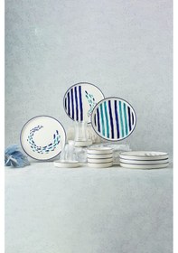 Resim Kevin Seramik 18 Parça Marin Balıklı Stackable Kahvaltı Takımı Beyaz - Mavi 