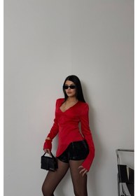 Resim Tanla Butik Saten Anvelop Bluz Manşet Kol - Kırmızı Kırmızı 