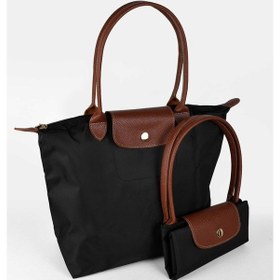 Resim Kadın Deri Saplı Katlanabilir Büyük Boy Shopper El Ve Omuz Çantası - Siyah-taba Siyah - Taba 