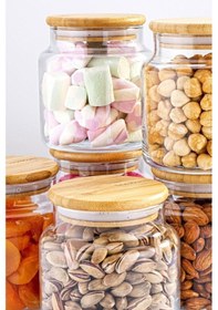 Resim Zone - 12'li Cam Saklama Kabı 600ml Vakumlu Bambu Kapaklı Ahşap - Şeffaf 