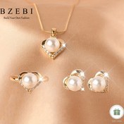 Resim 18K Altın Kaplama 3 Parça Parlak Taklit İnci Kalp Kolye Küpe Yüzük Seti, Kadınlar İçin Şık Takı, Ayarlanabilir Doğum Günü Noel Anneler Günü Sevgililer Günü Arkadaşlık Hediyesi, Düğün Aksesuarı 1151 