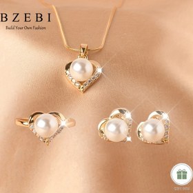 Resim 18K Altın Kaplama 3 Parça Parlak Taklit İnci Kalp Kolye Küpe Yüzük Seti, Kadınlar İçin Şık Takı, Ayarlanabilir Doğum Günü Noel Anneler Günü Sevgililer Günü Arkadaşlık Hediyesi, Düğün Aksesuarı 1151 
