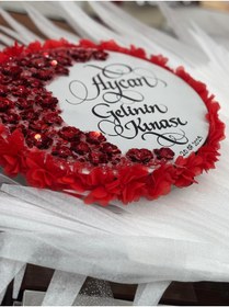 Resim GÜRLEK TEKSTİL Kırmızı Gelin Tefi 30 cm Kaligrafi Sanatlı, Kına Gecesi Düğün Bekarlığa Veda Defi 