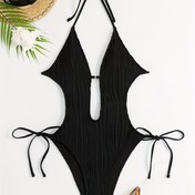 Resim Kadınlar için Şık Sırtı Açık Halter Tek Parça Mayo - Seksi, Yüksek Esneklik, Düz Renk Bağlama Detaylı, Makinede Yıkanabilir 