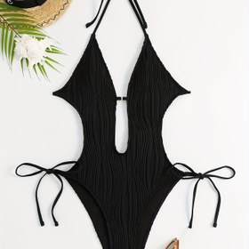 Resim Kadınlar için Şık Sırtı Açık Halter Tek Parça Mayo - Seksi, Yüksek Esneklik, Düz Renk Bağlama Detaylı, Makinede Yıkanabilir 
