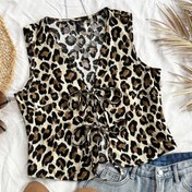 Resim Kadın Leopar Desenli V Yaka Tank Top, %100 Polyester Dokuma Kumaş, Tüm Sezonlar İçin Bağcıklı Ön Detaylı Kolsuz Gömlek 