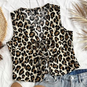 Resim Kadın Leopar Desenli V Yaka Tank Top, %100 Polyester Dokuma Kumaş, Tüm Sezonlar İçin Bağcıklı Ön Detaylı Kolsuz Gömlek 