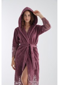 Resim Dantelli Uzun Kapüşonlu Triga Bambu Cotton Bayan Bornoz Gül Kurusu 