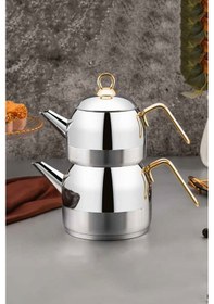 Resim Polochef Optimal Çaydanlık 18/10 Paslanmaz Çelik Orta Boy Gold Saplı Gümüş 