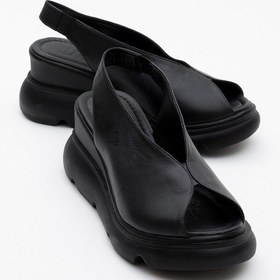 Resim Luvishoes Sam Siyah Cilt Hakiki Deri Kadın Dolgu Topuk Sandalet Siyah Deri 