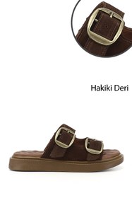 Resim Gönderi(r) Kadın Kahve Süet Tokalı Dolgu Taban Hakiki Deri Comfort Terlik 