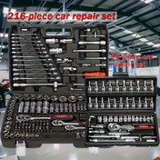 Resim 216/46 Parça Mekanik Soket Takımı, 1/2" 1/4" 3/8" SAE ve Metrik Boyutlar, 72 Dişli Mandrenli Anahtar Seti - Otomotiv, Ev, Garaj, Bisiklet Bagajı İçin 