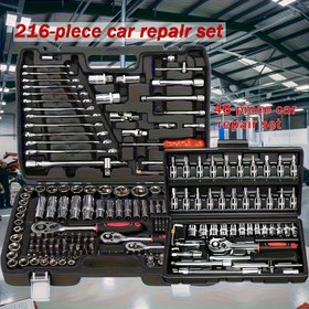 Resim 216/46 Parça Mekanik Soket Takımı, 1/2" 1/4" 3/8" SAE ve Metrik Boyutlar, 72 Dişli Mandrenli Anahtar Seti - Otomotiv, Ev, Garaj, Bisiklet Bagajı İçin 