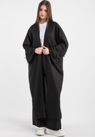 Resim Boncuk ve Kurdele Detaylı Uzun Kimono Pantolonlu Takım 5149 - Siyah - Siyah / S-M 