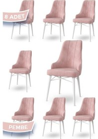 Resim Canisa Neta Serisi, 1.sınıf Babyface Kumaş , Beyaz Gürgen Ayak, 8 Adet Pembe Mutfak Sandalye Sandalye Pembe Ayakları Beyaz 