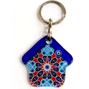 Resim Mavi Çatılı Nazar Boncuklu Ev Şekilli Hediye Kutusunda Füzyon Cam Anahtarlık 