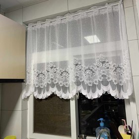 Resim 1 Adet Beyaz Dantel Perde - Çiçek Desenli, Yarı Şeffaf Işık Filtreleyen Polyester Mutfak ve Yemek Odası için Pencere Perdesi, Makinede Yıkanabilir Rustik Valans, Kenarları Tırtıklı 