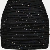 Resim Kadınlar için şık siyah payet süslemeli A-Line etek - Ruched tasarım, esnek polyester kumaş, bahar/yaz moda için mükemmel 