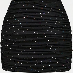 Resim Kadınlar için şık siyah payet süslemeli A-Line etek - Ruched tasarım, esnek polyester kumaş, bahar/yaz moda için mükemmel 