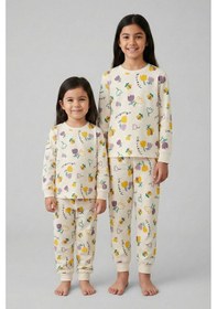 Resim Magnifi Ove Yazılı Lale Baskılı Kız Çocuk Pijama Takımı Ekru 