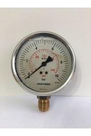 Resim Pakkens 0-10 Bar 100 mm Alttan Bağlantılı Gliserinli Manometre G 1/2 Inç 
