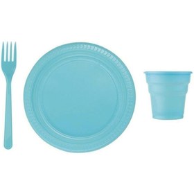 Resim Azebu 25 Kişilik Mavi Plastik Tabak, Bardak, Çatal Seti 