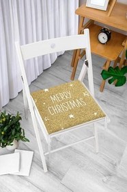 Resim RealHomes Gold Zeminde Merry Christmas Yazılı Dijital Baskılı Modern Fermuarlı Sandalye Minderi 