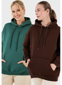 Resim Lela Regular Fit Pamuklu Kapüşonlu Yaka Şardonlu Kışlık 2'Li Paket Bayan Sweat 5863854S2 Nefti-Kahve 